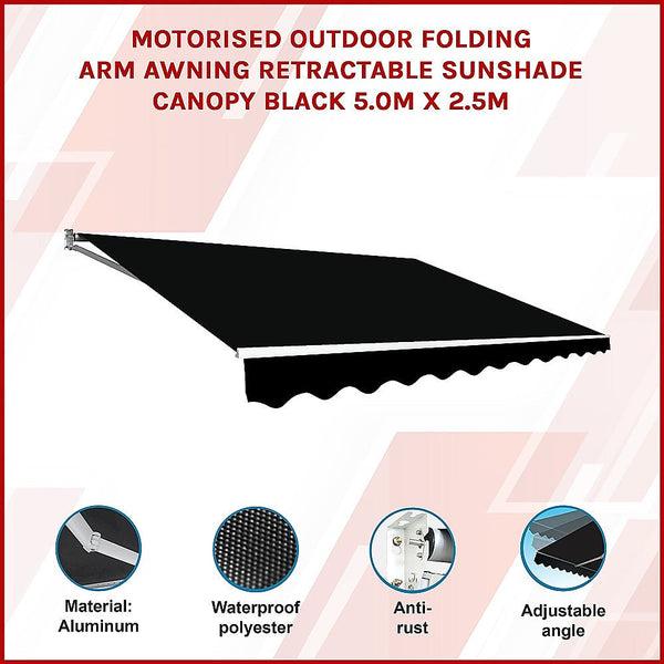 Bariloche Motorised Outdoor Folding Arm Awning Retractable Sunshade Canopy Black 5.0M X 2.5M Awning & Canopy Parts