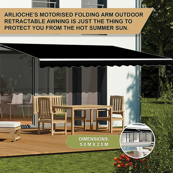 Bariloche Motorised Outdoor Folding Arm Awning Retractable Sunshade Canopy Black 5.0M X 2.5M Awning & Canopy Parts