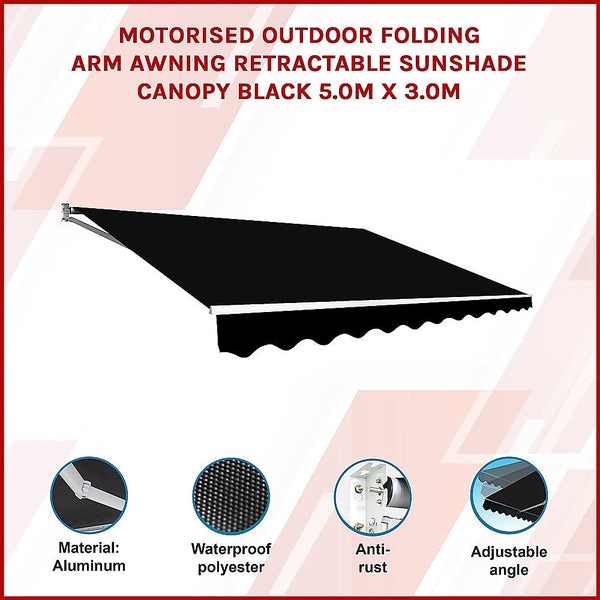 Bariloche Motorised Outdoor Folding Arm Awning Retractable Sunshade Canopy Black 5.0M X 3.0M Awning & Canopy Parts