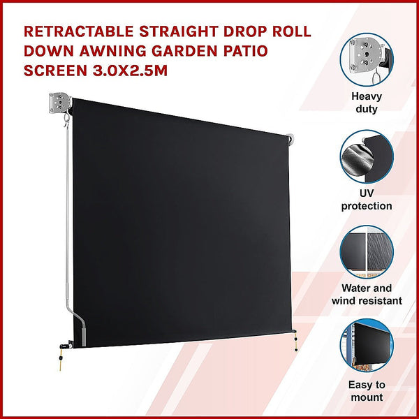 Bariloche Retractable Straight Drop Roll Down Awning Garden Patio Screen 3.0X2.5M Awning & Canopy Parts