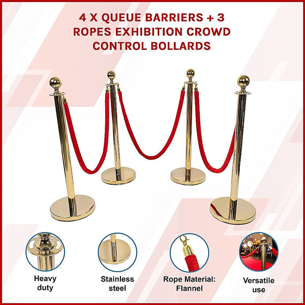 Randy & Travis Machinery 4 X Queue Barriers + 3 Ropes Exhibition Crowd Control Bollards Safety Cones Posts Barriers