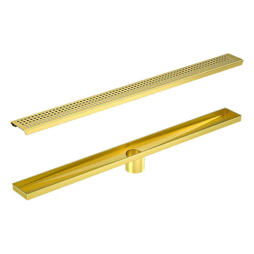 Della Francesca 900Mm Bathroom Shower Brushed Brass Grate Drain W/ Centre Outlet Floor Waste Square Pattern Drain Grates
