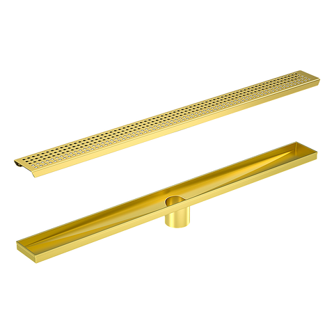 Della Francesca 900Mm Bathroom Shower Brushed Brass Grate Drain W/ Centre Outlet Floor Waste Square Pattern Drain Grates