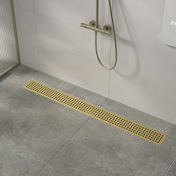 Della Francesca 800Mm Bathroom Shower Brushed Brass Grate Drain W/ Centre Outlet Floor Waste Drain Grates