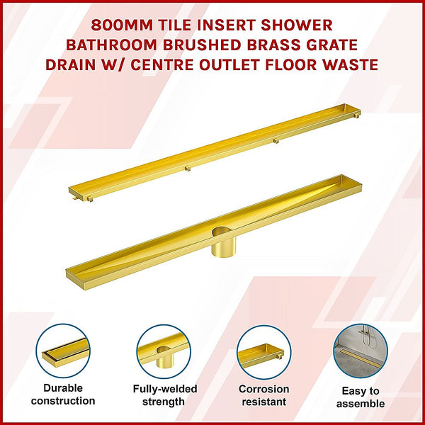 Della Francesca 800Mm Tile Insert Shower Bathroom Brushed Brass Grate Drain W/ Centre Outlet Floor Waste Drain Grates