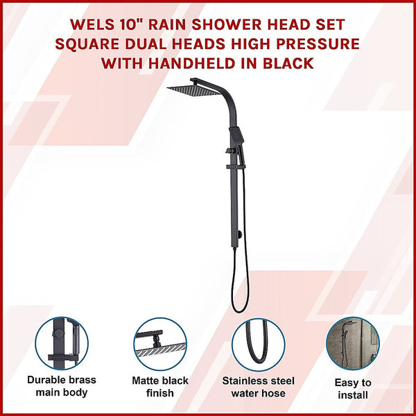 Della Francesca Wels 10" Rain Shower Head Set Square Dual Heads High Pressure With Handheld In Black Shower Heads & Combos