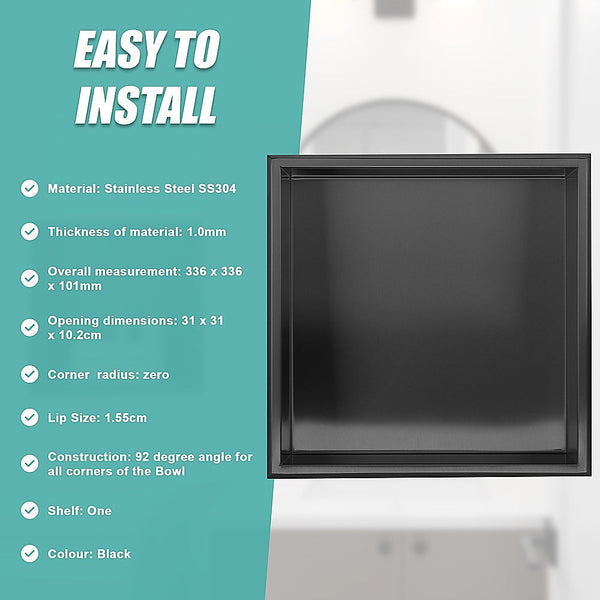 336 X 101Mm Shower Niche Single Shelf Organizer No Tile Needed In Black Shower Shelves & Organisers