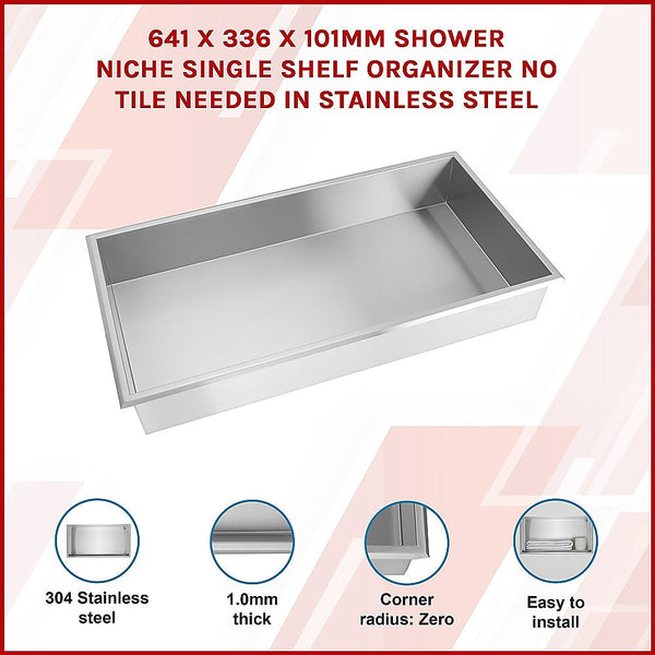 641 X 336 101Mm Shower Niche Single Shelf Organiser No Tile Needed In Stainless Steel Shower Shelves & Organisers