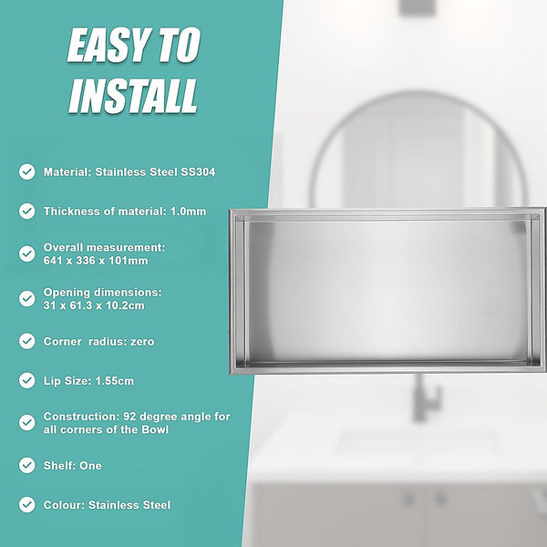 641 X 336 101Mm Shower Niche Single Shelf Organiser No Tile Needed In Stainless Steel Shower Shelves & Organisers