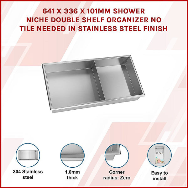 641 X 336 101Mm Shower Niche Double Shelf Organizer No Tile Needed In Stainless Steel Finish Shower Shelves & Organisers