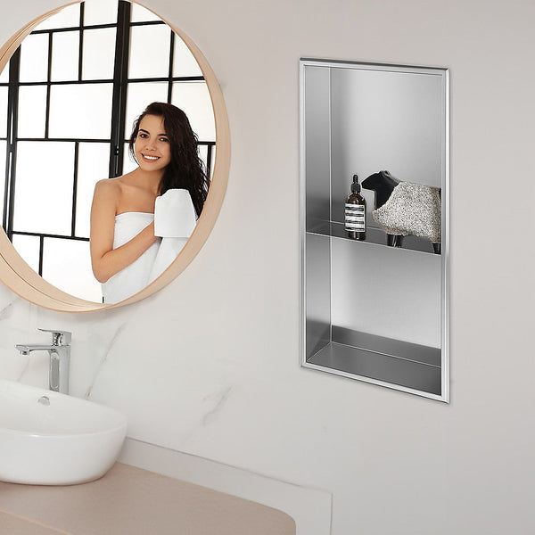 641 X 336 101Mm Shower Niche Double Shelf Organizer No Tile Needed In Stainless Steel Finish Shower Shelves & Organisers