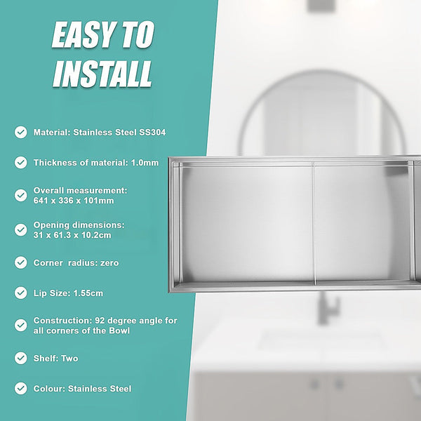 641 X 336 101Mm Shower Niche Double Shelf Organizer No Tile Needed In Stainless Steel Finish Shower Shelves & Organisers