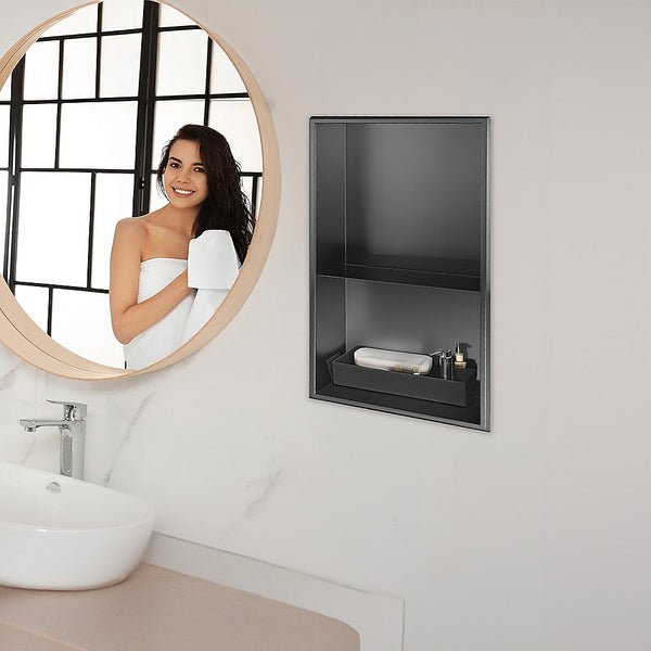 641 X 336 101Mm Shower Niche Double Shelf Organizer No Tile Needed In Black Shower Shelves & Organisers