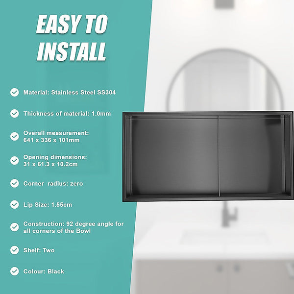 641 X 336 101Mm Shower Niche Double Shelf Organizer No Tile Needed In Black Shower Shelves & Organisers