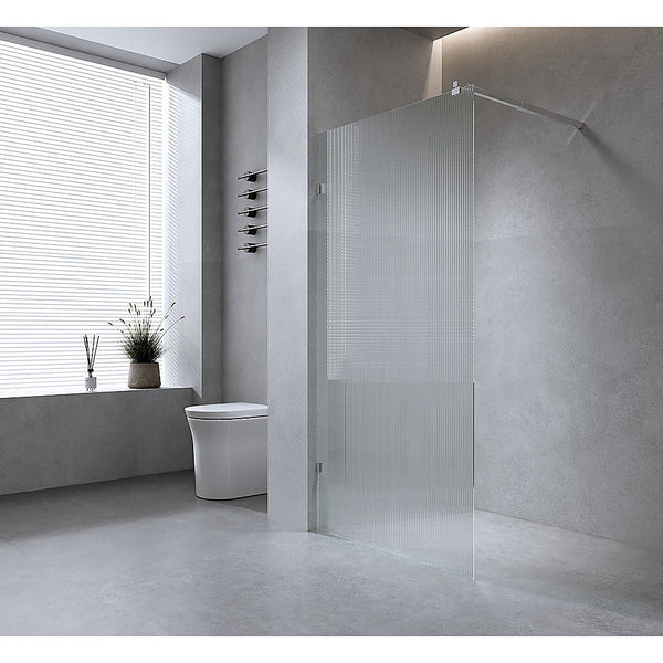 70Cm Reeded Single Shower Glass Screen With Black F Brackets & Square Pole Shower Doors