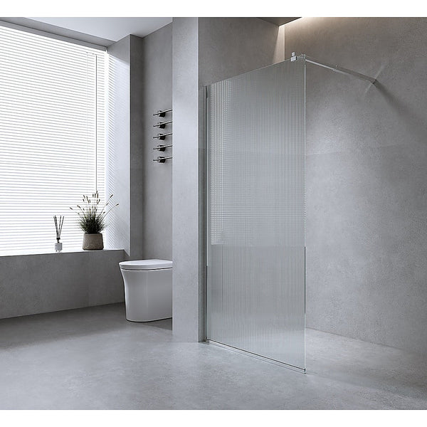80Cm Reeded Single Shower Glass Screen With Gold Wall Channel & Square Pole Shower Doors