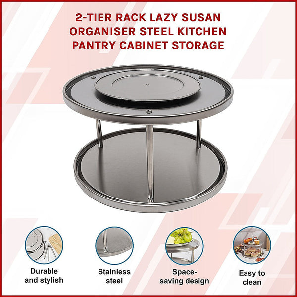 2 Tier Rack Lazy Susan Organiser Steel Kitchen Pantry Cabinet Storage Racks & Holders