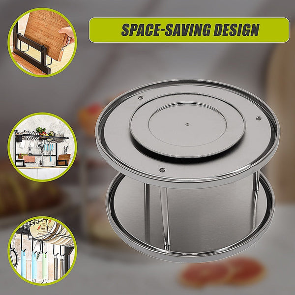 2 Tier Rack Lazy Susan Organiser Steel Kitchen Pantry Cabinet Storage Racks & Holders