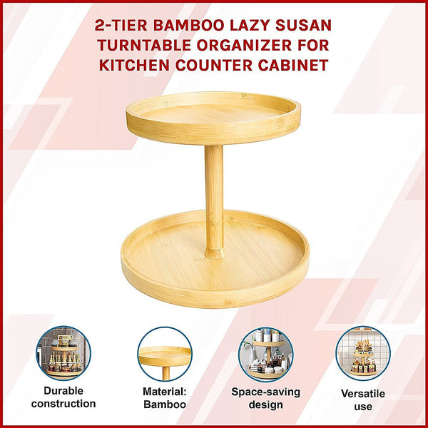 2 Tier Bamboo Lazy Susan Turntable Organizer For Kitchen Counter Cabinet Racks & Holders