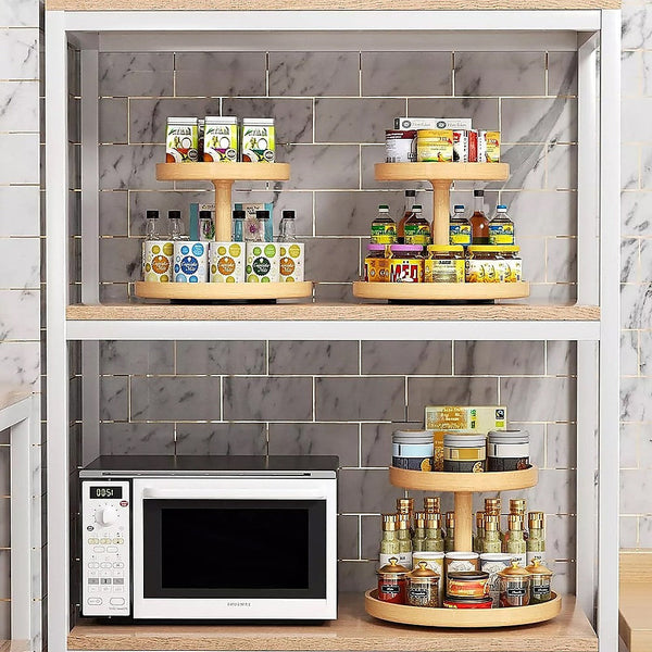 2 Tier Bamboo Lazy Susan Turntable Organizer For Kitchen Counter Cabinet Racks & Holders