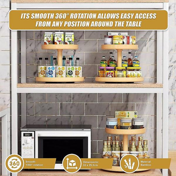 2 Tier Bamboo Lazy Susan Turntable Organizer For Kitchen Counter Cabinet Racks & Holders