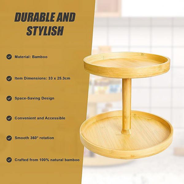 2 Tier Bamboo Lazy Susan Turntable Organizer For Kitchen Counter Cabinet Racks & Holders