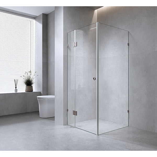 Della Francesca 100X70cm Corner Frameless Shower Screen With White Brackets And Ss Hinges Round Handle Shower Enclosures
