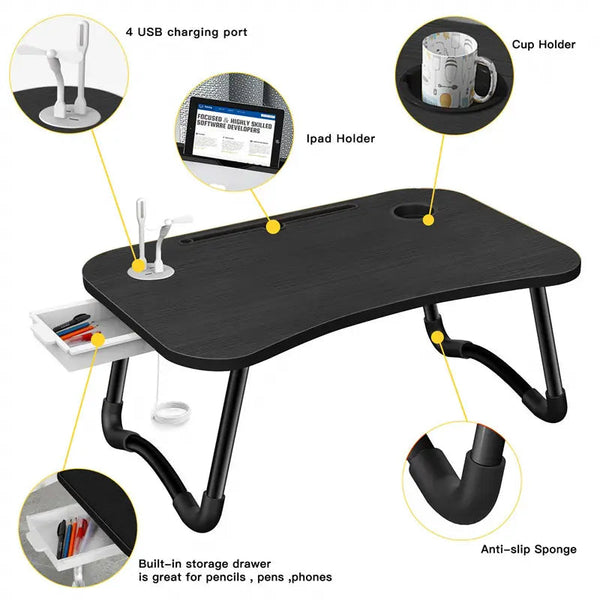 Nnecn Laptop Desk Bed Table Tray Folding Breakfast Portable Standing Notebook Reading Holder For Bed/Sofa Large With Usb Charger And Cup Holder Laptop