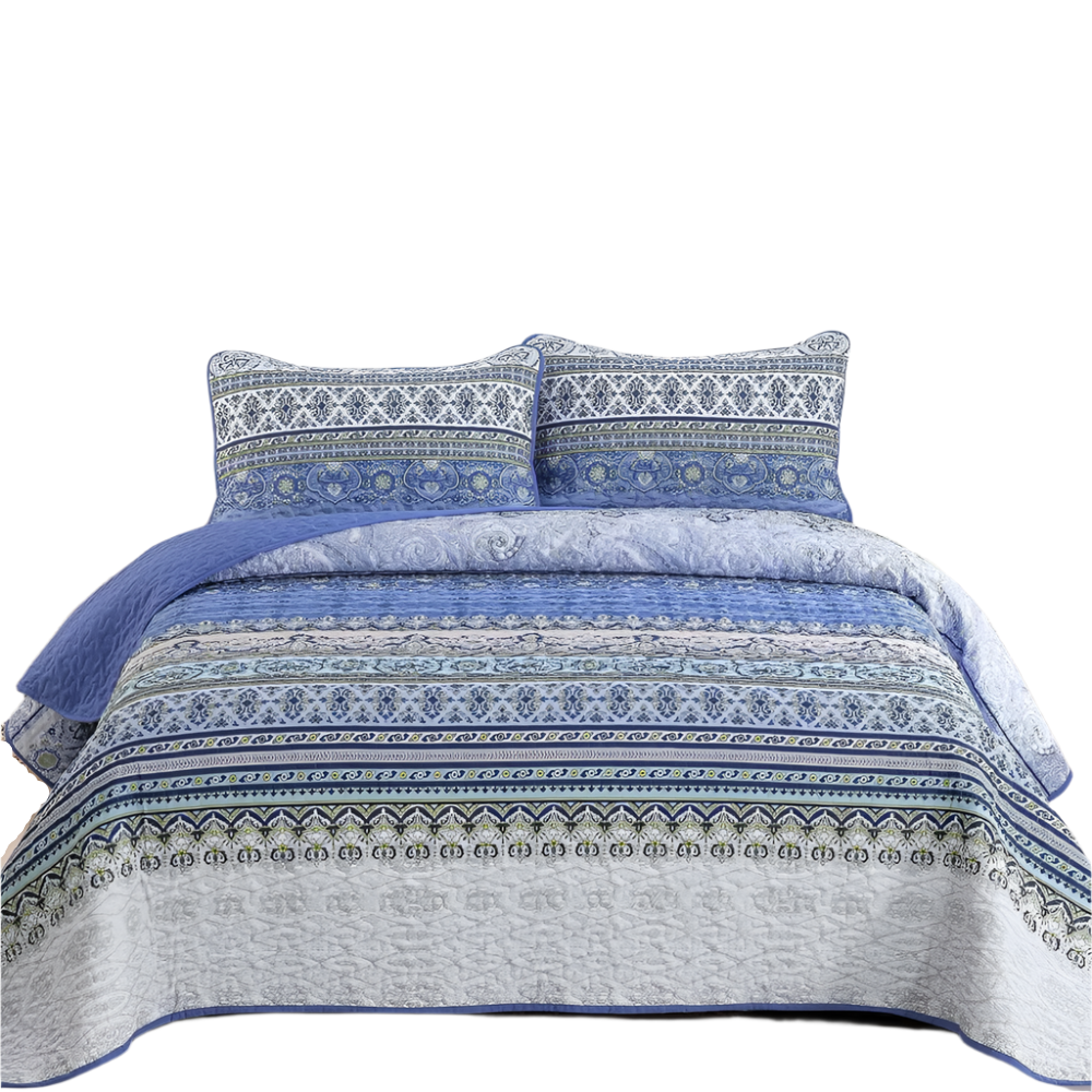 Blue Teak Sunrise Floral Lightweight 3 Pc Bedspread & Pillow Cover Set Quilt Covers