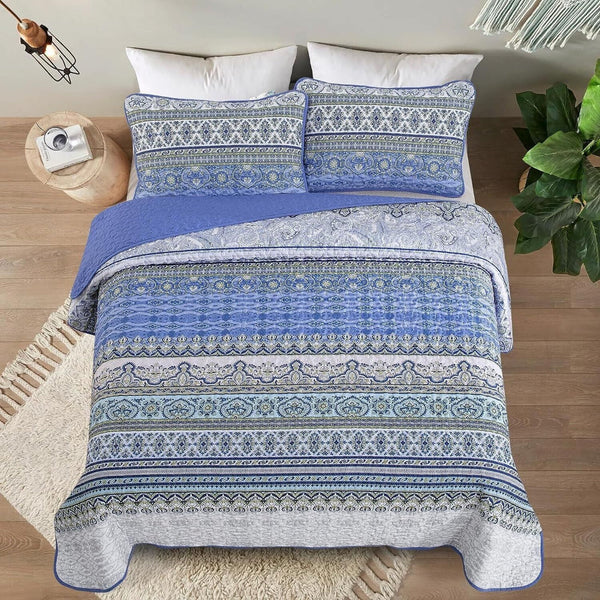 Blue Teak Sunrise Floral Lightweight 3 Pc Bedspread & Pillow Cover Set Quilt Covers