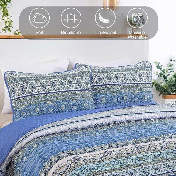 Blue Teak Sunrise Floral Lightweight 3 Pc Bedspread & Pillow Cover Set Quilt Covers