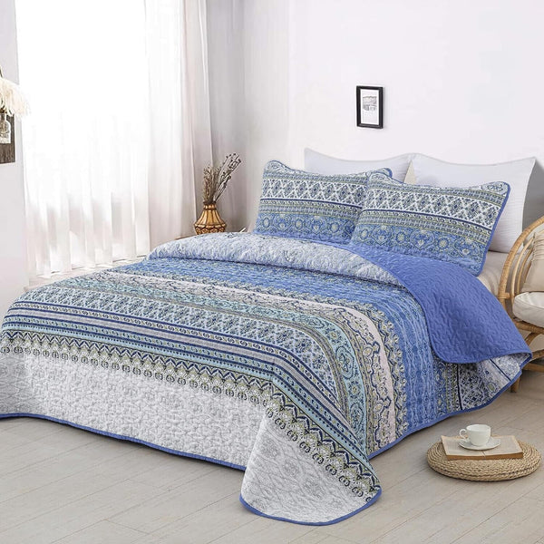 Blue Teak Sunrise Floral Lightweight 3 Pc Bedspread & Pillow Cover Set Quilt Covers