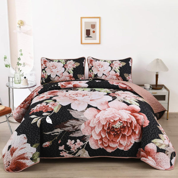 Botanical Evergreen Floral Cozy 3 Pc Bedspread & Pillow Cover Set Quilt Covers