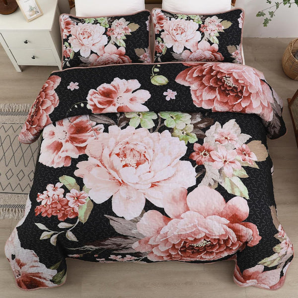 Botanical Evergreen Floral Cozy 3 Pc Bedspread & Pillow Cover Set Quilt Covers
