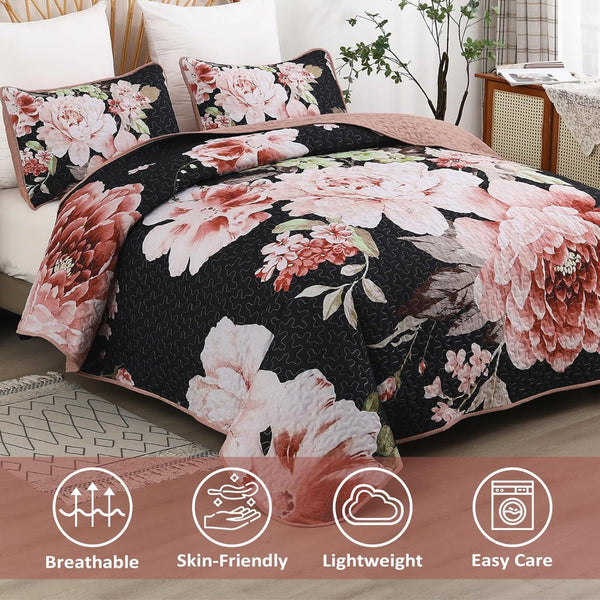Botanical Evergreen Floral Cozy 3 Pc Bedspread & Pillow Cover Set Quilt Covers
