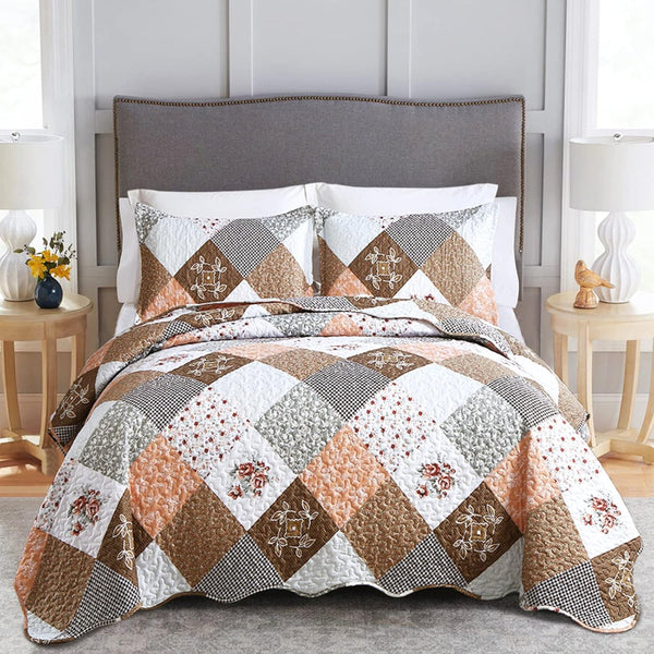 Gleaming Rust Brown Colour Patchwork 3 Pc Xl Bedspread & Pillow Cover Set Quilt Covers