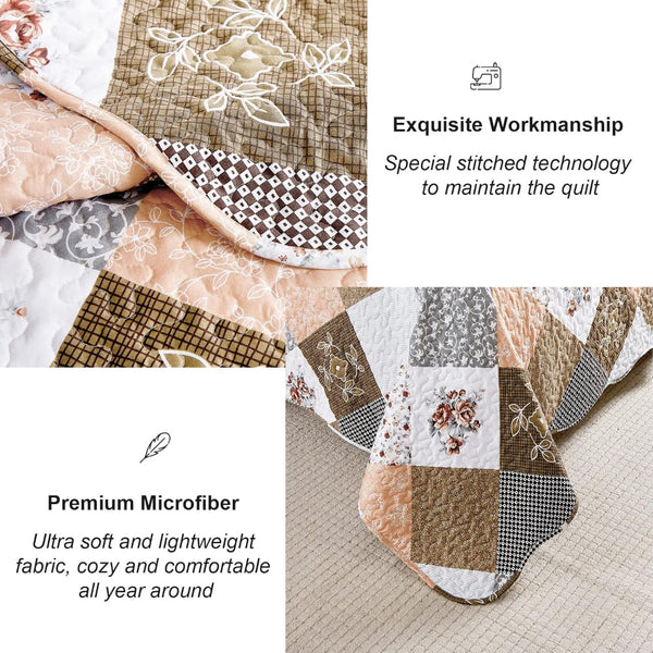 Gleaming Rust Brown Colour Patchwork 3 Pc Xl Bedspread & Pillow Cover Set Quilt Covers