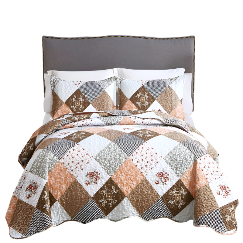 Gleaming Rust Brown Colour Patchwork 3 Pc Bedspread & Pillow Cover Set Quilt Covers