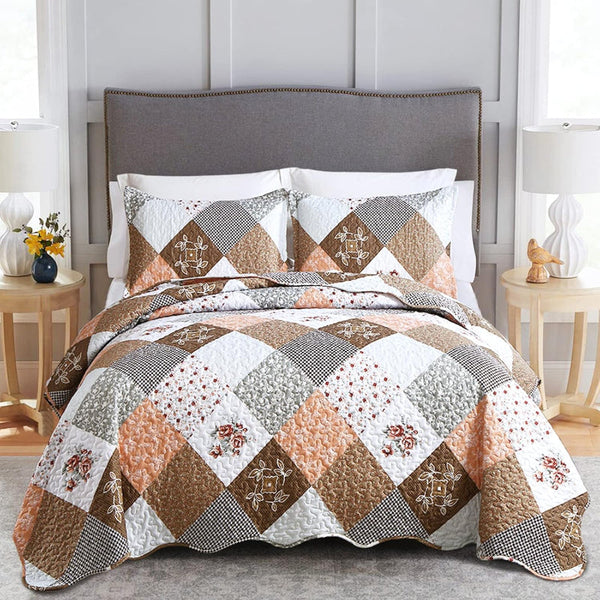 Gleaming Rust Brown Colour Patchwork 3 Pc Bedspread & Pillow Cover Set Quilt Covers