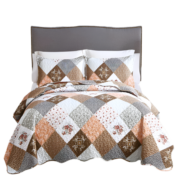 Gleaming Rust Brown Colour Patchwork 3 Pc Bedspread & Pillow Cover Set Quilt Covers