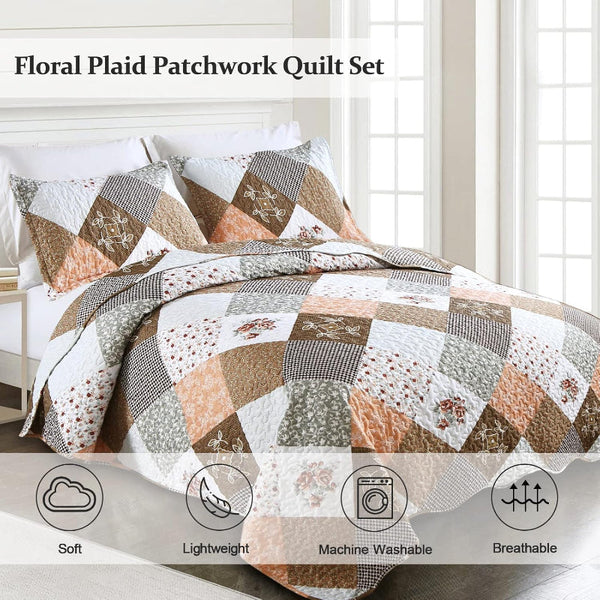 Gleaming Rust Brown Colour Patchwork 3 Pc Bedspread & Pillow Cover Set Quilt Covers
