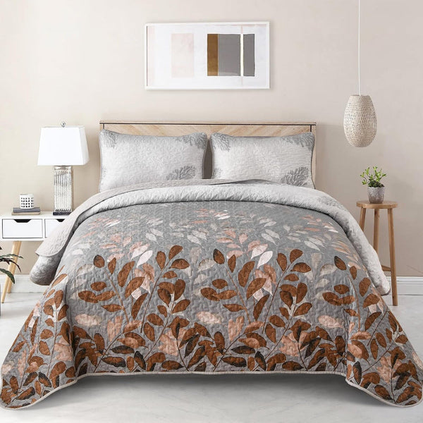 Gleaming Rust Grey Floral 3 Pc Bedspread & Pillow Cover Set Quilt Covers