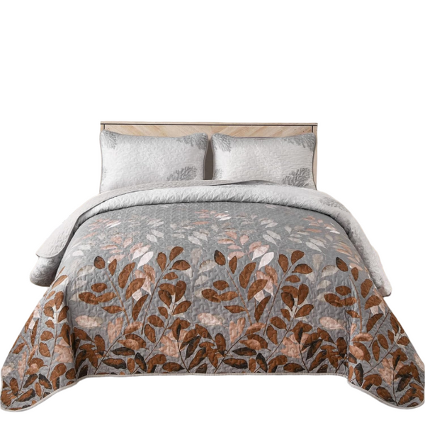 Gleaming Rust Grey Floral 3 Pc Bedspread & Pillow Cover Set Quilt Covers