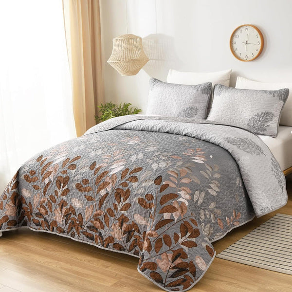 Gleaming Rust Grey Floral 3 Pc Bedspread & Pillow Cover Set Quilt Covers