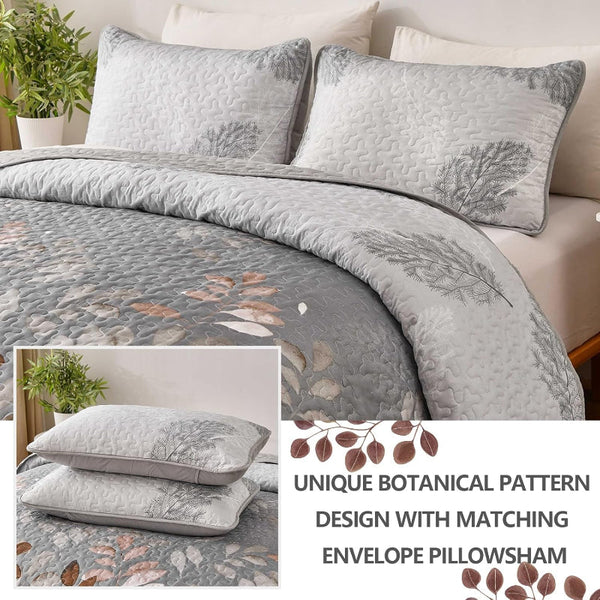 Gleaming Rust Grey Floral 3 Pc Bedspread & Pillow Cover Set Quilt Covers