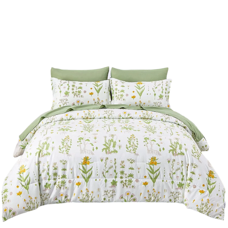 Delicate Green Bloom 3 Pc Comforter & Pillow Cover Set Quilt Covers