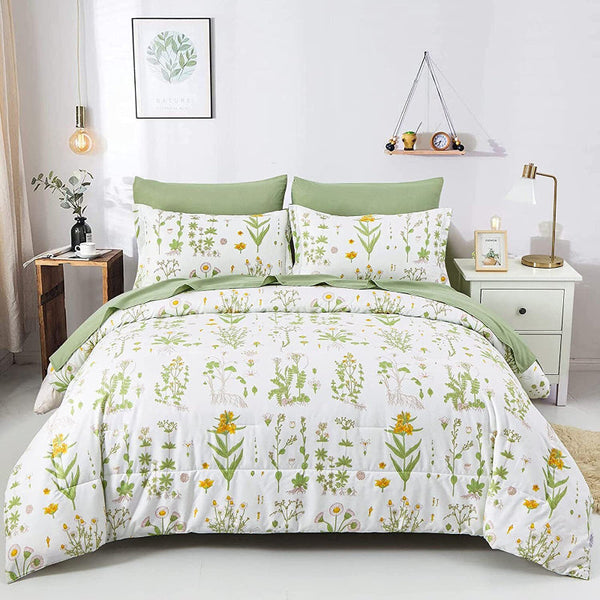 Delicate Green Bloom 3 Pc Comforter & Pillow Cover Set Quilt Covers