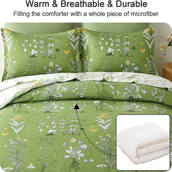 Delicate Green Bloom 3 Pc Comforter & Pillow Cover Set Quilt Covers
