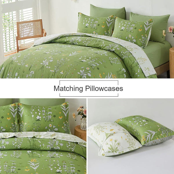 Delicate Green Bloom 3 Pc Comforter & Pillow Cover Set Quilt Covers