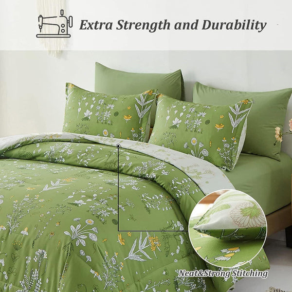 Delicate Green Bloom 3 Pc Comforter & Pillow Cover Set Quilt Covers